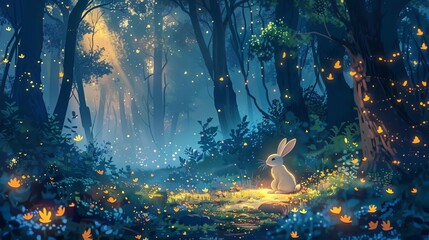 enchanted forest at night with glowing rabbit and fireflies magical fantasy landscape digital painting