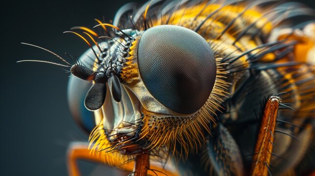 An extreme close up of a fly's head showing the intricate details of its compound eyes and bristly hairs.