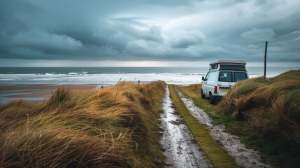Camper van facing a stormy beach, wet sandy path winding through grass, heavy rain and dark clouds looming, peaceful solitude