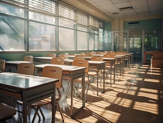 An empty classroom with chairs and desks arranged in rows. The sunlight is shining through the windows.