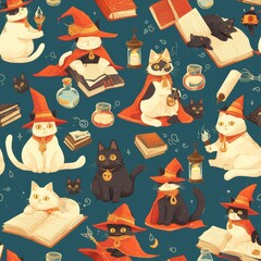 Mystical wizard cats casting spells and reading books in this enchanting seamless pattern, a magical addition to any space or whimsical fabric design. Wallpaper background.