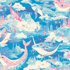 Narwhals with unicorn horns frolic in a fantastic sky of clouds and castles, rendered in pastel hues to create a dreamy, seamless pattern suitable for whimsical wallpaper or storybook fabrics.