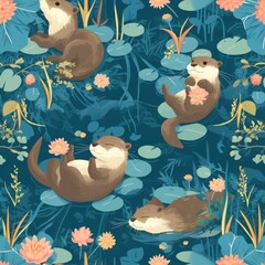 Otters Water Garden, A Serene Pattern. Playful otters float amongst lily pads and water flowers, creating a Seamless pattern that captures the whimsy of nature in soothing shades of blue.