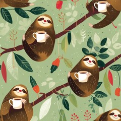 Relaxed sloths hanging from tree branches, leisurely reaching for mugs and teacups, are depicted in a soothing seamless pattern, perfect for a cozy wallpaper or calming fabric design.