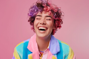 cute non binary person, happy and smiling, wearing funny and colorful pastel ouitfit ,  isolated on pastel background. pride month, lgbt, lgbtq+  community,  queer, 
gay, lesbian, gender, struggle fo
