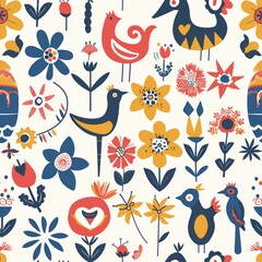 A cheerful, folk-inspired pattern with stylized birds, flowers, and botanical elements in a vibrant Scandinavian design, ideal for fabric or wallpaper. Seamless pattern wallpaper background.