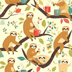 Relaxed sloths hanging from tree branches, leisurely reaching for mugs and teacups, are depicted in a soothing seamless pattern, perfect for a cozy wallpaper or calming fabric design.