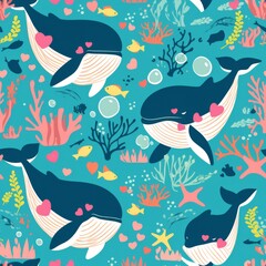 Whimsical whales blowing heart-shaped bubbles float among coral reefs and playful fish, in a captivating seamless pattern, perfect for a cheerful wallpaper or aquatic textile design.