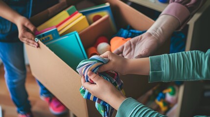 donations of clothes and children's toys in cardboard boxes