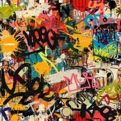Urban graffiti art with vibrant splatters, tags, and icons in a chaotic collage. Seamless pattern wallpaper background.