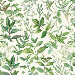 Seamless pattern wallpaper background. An array of kitchen garden herbs, including basil and thyme, rendered with exquisite detail, evoking a sense of culinary artistry and natural beauty.