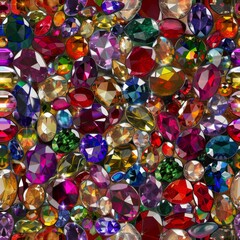 A dazzling array of multicolored gemstones sparkle in a dense mosaic, creating a luxurious and opulent pattern with a shimmering, jewel-like quality. Seamless pattern wallpaper background.