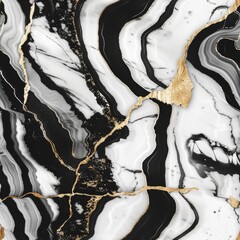 Luxurious swirls of black and white marble intertwined with delicate veins of gold create a sophisticated and opulent background suitable for premium designs. Seamless pattern wallpaper background.