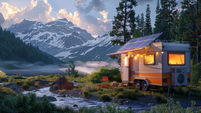 Camper trailer with solar panels, close-up view, packed and prepped, beautiful mountain backdrop, realistic textures, dawn light