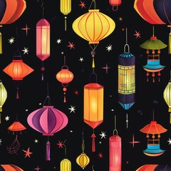 A pattern of glowing lanterns in diverse shapes and colors set against a dark sky, echoing the lively spirit and tradition of lantern festivals. Seamless pattern wallpaper background.