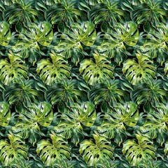 A seamless pattern of Monstera deliciosa leaves in rich greens that intricately interlace to create a vibrant jungle-like atmosphere. Wallpaper background.