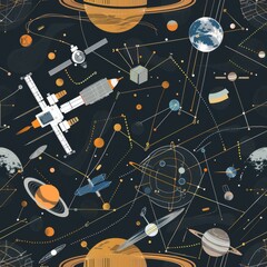 Intricate celestial maps with spacecrafts and satellites navigating through orbits, set against a dark cosmos, depict the grandeur of space exploration. Seamless pattern wallpaper background.