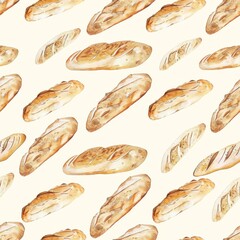 Freshly baked baguettes, rustic loaves, and artisan breads, in a charming watercolor style, create an inviting seamless pattern, evoking the warmth of a local bakery. Wallpaper background.