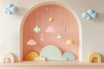 3d rendering. Abstract pastel color geometric shapes. Kids room. Baby shower. Birthday party. Playroom. Nursery. Scandinavian style.