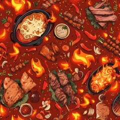 Fiery BBQ-themed pattern with assorted grilled meats, skewers, and sauces set against a bold, flame-filled red background, ideal for a grilling event flyer or apron design. Seamless wallpaper.