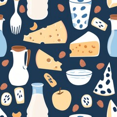 A seamless pattern featuring a variety of dairy products, from milk and cheese to yogurt, set against a light background, conveying a fresh and organic mood. Wallpaper background.