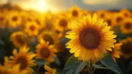 A field of sunflowers bathed in the warm glow of the setting sun