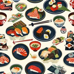 A delectable arrangement of sushi, featuring nigiri and maki rolls, lies scattered with edamame beans, creating an inviting, seamless culinary pattern. Wallpaper background.