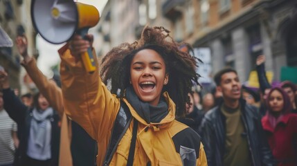 female activist leading protest with megaphone group of demonstrators in background social issues concept