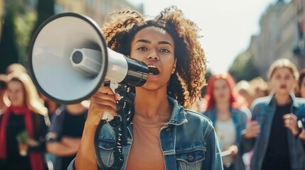 female activist leading protest with megaphone group of demonstrators in background social issues concept