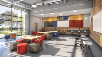 A rendering showcasing a classroom filled with colorful tables and chairs, creating a lively and dynamic learning environment for students.