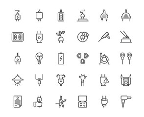 Simple outline icon set of electricity power adapter wire and plug connector, 48x48 pixel perfect icon, editable stroke white background