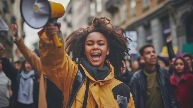 female activist leading protest with megaphone group of demonstrators in background social issues concept - Powered by Adobe