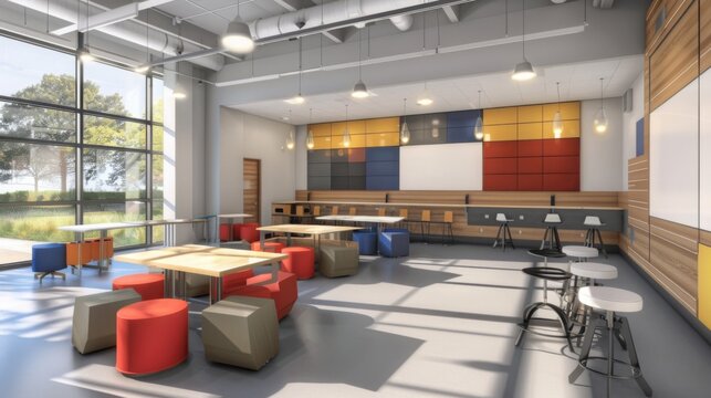A rendering showcasing a classroom filled with colorful tables and chairs, creating a lively and dynamic learning environment for students.
