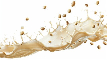Milk flying in the air with soya beans on a solid white background. Milk splash with soya beans. Ideal for advertising milk 