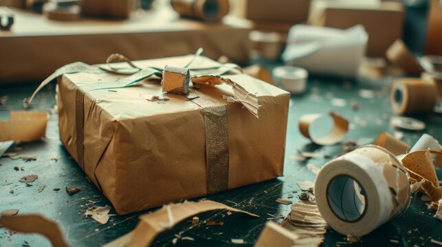 A close-up shot of a gift box with ripped corners, tape and wrapping paper scattered around, focus on the sealing process