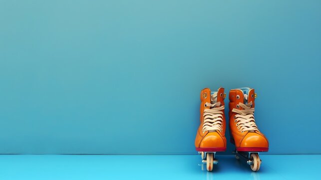Orange vintage roller skates with white laces on a blue background.