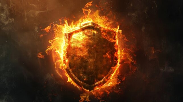 An ancient shield glowing with a protective flame, engulfing and burning away all incoming threats