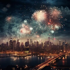 Fototapeta premium A fireworks display casting a magical glow over a bustling city skyline,