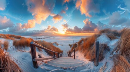 Serenity at Sunset Stairs Leading to Sand Dunes with Clouds in the Sky by the Beach