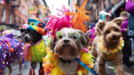 Vibrant Urban Pet Parade Featuring Dogs in Festive Costumes