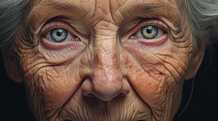A mesmerizing close-up portrait of an elderly woman with ageless skin, her wrinkles telling stories of a life well-lived.
