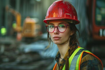 Frau mit Schutzhelm und Sicherheitsweste auf Baustelle, Woman with hard hat and safety vest on construction site