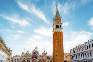 Grand Canal at day in Venice city in italy. St. Mark's Basilica above the San Marco square