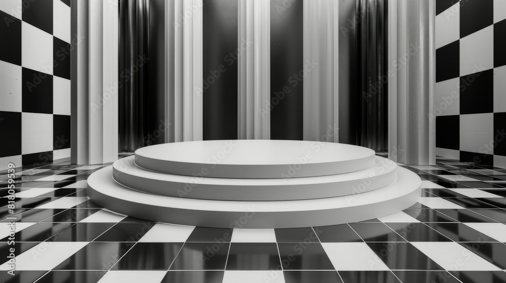 Wall mural the podium for the product is white and black, against the background of chess. an empty showcase fo
