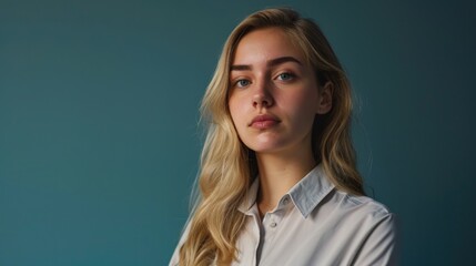 Fototapeta premium Portrait of a Thoughtful Blonde Woman in a White Shirt