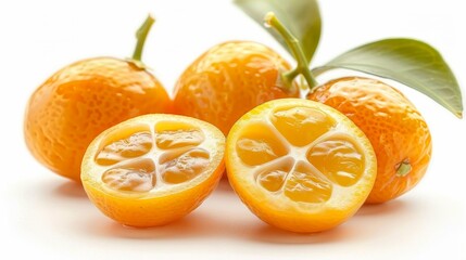 A close up of a few oranges with one of them cut in half