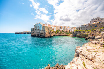 Cityscape of Polignano a Mare town, Puglia region, Italy, Europe.  Seascape of Adriatic sea