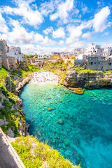 Cityscape of Polignano a Mare beach, Puglia region, Italy, Europe.  Seascape of Adriatic sea