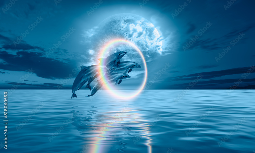 Poster group of dolphins jumping up from the sea amazing sunset in the background with rounde rainbow