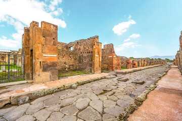 Ruins of Pompeii near Naples, Italy. Pompeii is an ancient Roman city. Mount Vesuvius. Panorama of...